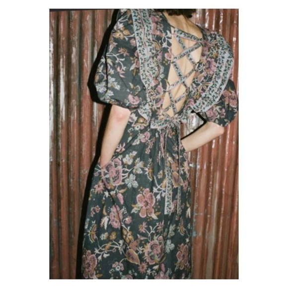 NWT SEA NEW YORK Tess Puff Sleeve Open Back Smocked Floral Midi Dress Size 4 - Picture 3 of 14